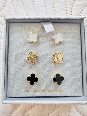 Element of Love 14K Splash Gold Plated clover Earring Set - White, Gold, Black